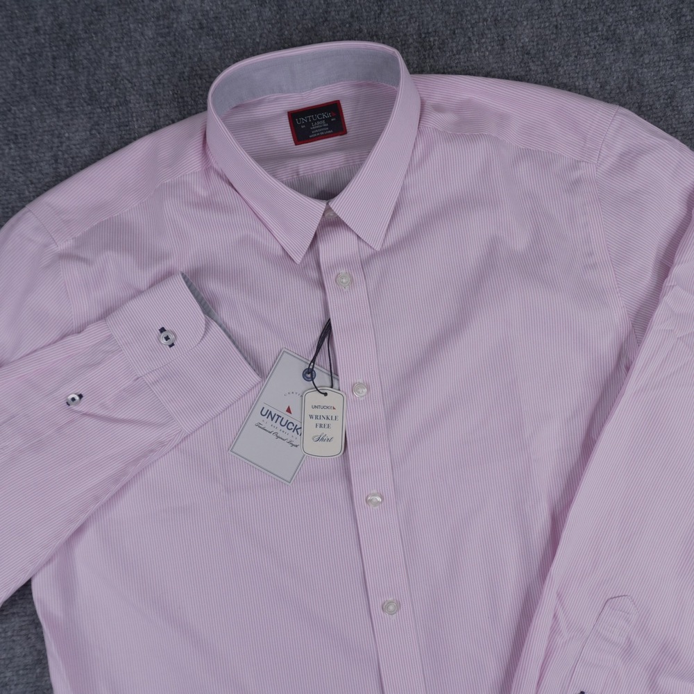 UNTUCKit Douro Button Down Shirt Mens Large Pink White Stripe Wrinkle Free NEW